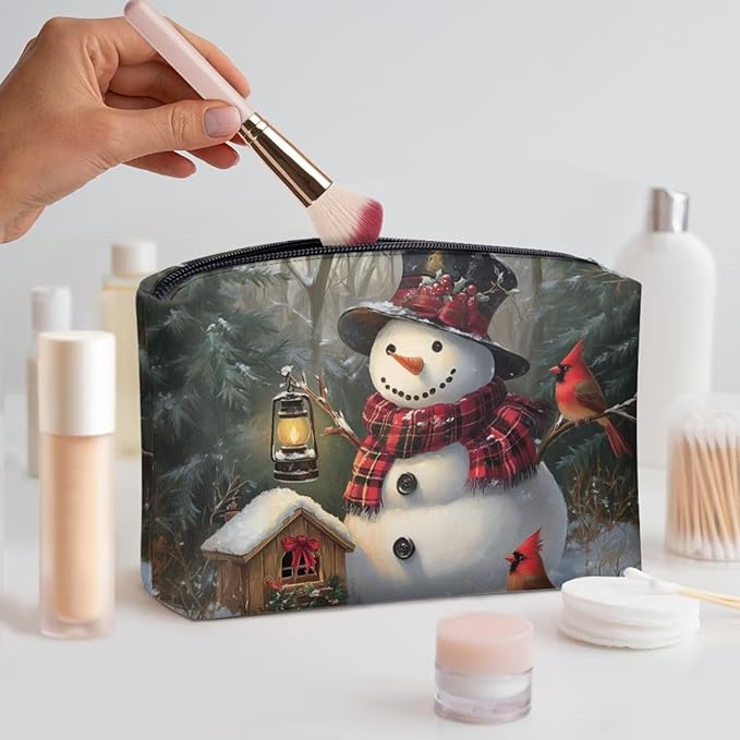 COEQINE Floral Makeup Bags for Women Leather Snowman Purse Cosmetic Organizer Bag Waterproof Portable Pouch with Zipper Portable Soft Leather Pouch Cell Phone Case for Holiday Birthday Christmas Gifts