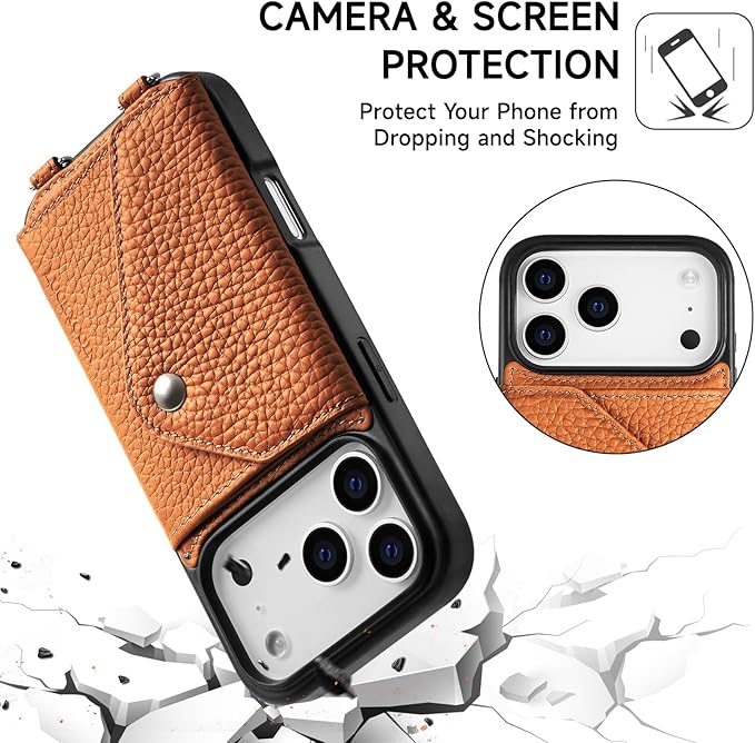 LUCKYCOIN Crossbody Wallet Phone Case for iPhone 17 Pro,100% Genuine Leather Wallet Phone Case with Expandable Flip Card Holder,Phone Purse for Women with Adjustable Removable Strap - Pebble Brown