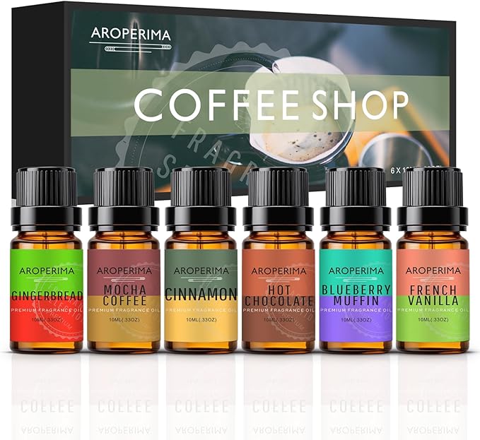Coffee Shop Fragrance Essential Oil Set - Mocha Coffee, Gingerbread, Hot Chocolate, Blueberry Muffin, French Vanilla, Cinnamon 6x10ML for Diffusers, Aromatherapy, Massage