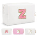 Personalized Makeup Bag Initial A-Z Preppy Patch Bag,Small PU Leather Travel Cosmetic Bag Pouch with Zipper,White Cute Toiletry Bag,Gift Ideal for Teen Girls Women Birthday Friend Mom,Letter Z