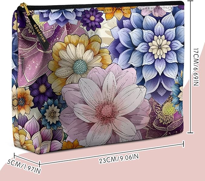 Cute Makeup Bag for Purse Waterproof Cosmetic Bags for Women Funny Smooth Zipper Travel Toiletry Pouch 10X8 Inches-Purple Boho Floral Makeup pouch