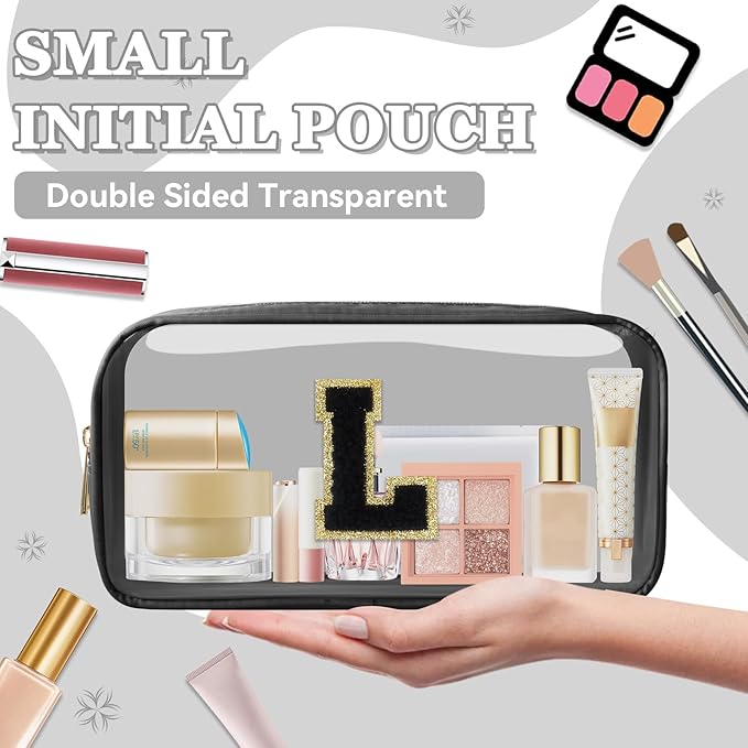 Small Clear Personalized Initial Makeup Bag,Nylon Preppy A-Z Chenille Letter Patch Cosmetic Pouch Beach Toiletry Bag,Waterproof Zipper Travel Purse Storage Bag Organizer for Women Girls(Black-Black L)