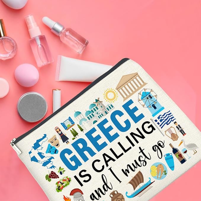 Greece Travel Gifts Makeup Bag Souvenir Gifts for Women Friends Traveler Cosmetic Bag Greece Is Calling Zipper Makeup Pouch Gift