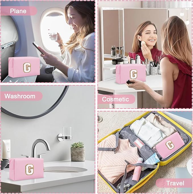 Personalized Initial Preppy Makeup Bag Organizer, Small Travel Cute Pink Cosmetic Bag Toiletry Zipper Pouch, Waterproof PU Leather Monogram Makeup Case Graduation Gift for Teacher Friends(Letter G)
