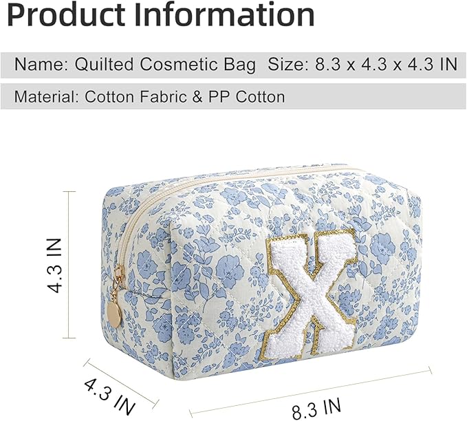 Gleyemor Personalized Initial Makeup Bag for Women, Cute Quilted Blue Floral Cotton Cosmetic Bag, Christmas Gifts for Her Mom Friend Sister Bridesmaid Teacher Women X