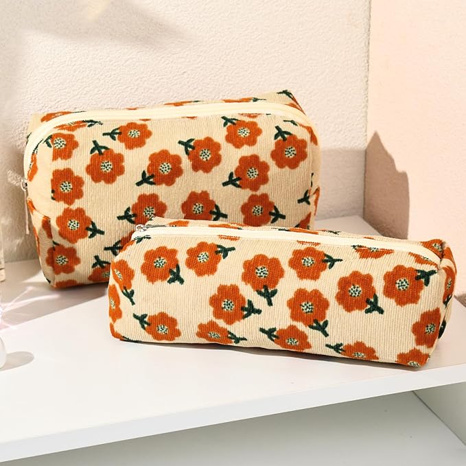 SOIDRAM Floral Cosmetic Bag, Large Capacity Makeup Pouch 1Pcs, Orange Flower