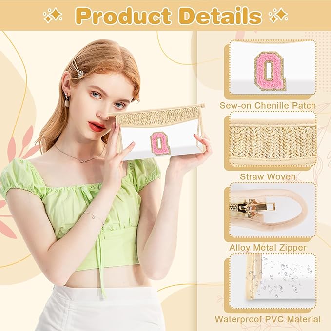 Small Boho Straw Initial Letter Makeup Bag Personalized Gift ,Cute Clear Chenille Patch Makeup Bag With Zipper,Trendy TSA Approved Travel Toiletry Bag,Gift for Women Girls Birthday Friend, Letter Q