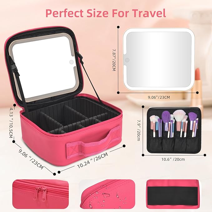 Travel Makeup Bag with LED Mirror,Removable Mirror with 3 Color Modes,Portable makeup travel organizer for Women,Makeup Case with 8 Adjustable EVA Dividers,Cosmetic Train Case with Lighted Mirror