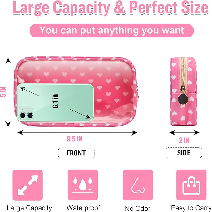 Small Clear Travel Makeup Organizer Bag for Purse, Preppy Makeup Bag Cute Cosmetic Zipper Pouch Purse, Transparent PVC & Nylon Waterproof Makeup Brush Bag Toiletry Storage for Women Girls(Pink Heart)