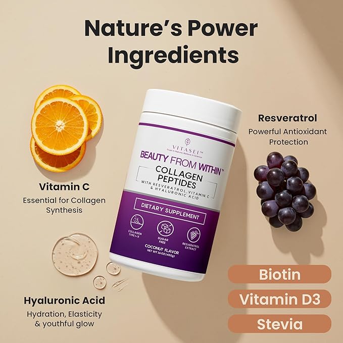 VITASEI Hydrolyzed Collagen Peptides Powder with Vitamin C & Resveratrol - Hair, Skin and Nails Vitamins for Women & Men - Bone and Joint Supplement - Coconut Flavored - 16 oz