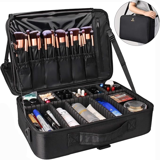 Relavel Makeup Case Large Makeup Bag Professional Train Case 16.5 inches Travel Cosmetic Organizer Brush Holder Waterproof Makeup Artist Storage Box, 3 Layer Large Capacity, with Adjustable Strap