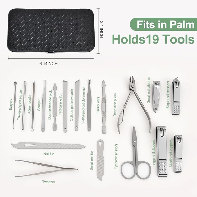 19 in 1 Manicure Set & Nail Clippers Kit, Professional Stainless Steel Grooming Kit for Women & Men, Complete Nail Care Tools with Travel Case, Ideal for Toenail, Pedicure, Home Use or Travel, Black