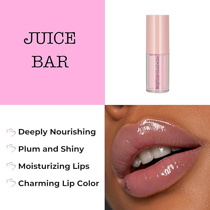 Sophia + Mabelle Hydrating Lip Oil – Lightweight, Non-Sticky & High-Shine Lip Gloss Oil – Moisturizing, Nourishing, Soothing Tinted Formula for Soft Lips – 3.7g (Juice Bar (Pinky Clear), 3.7g)