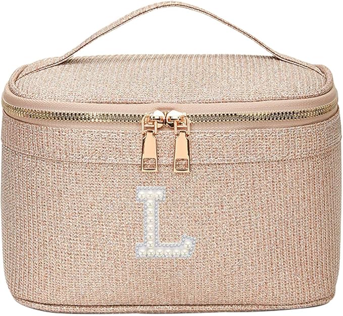 EURYNOME Makeup Bag with Custom Letter L, Water-Resistant Travel Organizer Pouch, (8.3x5.1x5.1 Inch) Cosmetic Case for Women