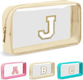 Personalized Initial Letter Clear Makeup Bag,Preppy Small Nylon&PVC Cosmetic Zipper Bag with Chenille Letter,Portable Beach Travel Skincare Toiletry Bag,Trendy Monogram Gift for Teen Girls Women,J