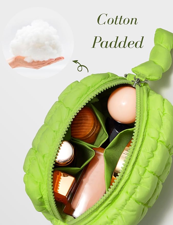 Yarnic Quilted Makeup Bag Quilt Cosmetic Bag, Puffy Travel Toiletry Bag for Women, Cute Makeup Bag Organizer Puffer Soft Makeup Pouch (Apple Green, S)