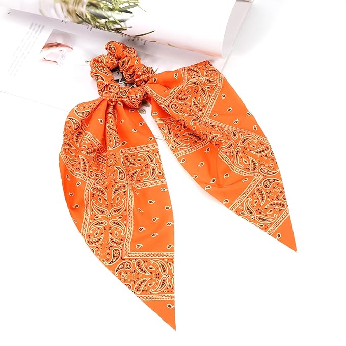 Fall Orange Bandana Hair Ties for Women Girls Halloween Autumn Hair Scrunchies Elastic Tie Ribbon Hair Bows Hair Accessories Gifts