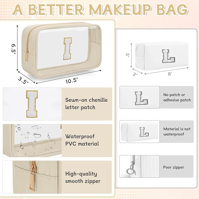 Personalized Initial Clear Makeup Bag, Travel Chenille Patch Cosmetic Bag, Preppy Toiletry Bag Monogram Cosmetic Pouch with Zipper, Ideal Gift for Teen Girls Women (Clear-Beige, I)
