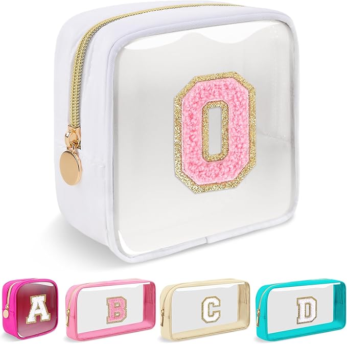 Mini Clear Personalized Initial Makeup Bag,Small Nylon Waterproof Zip Beach Cosmetic Pouch,Preppy A-Z Chenille Letter Patch Cute Coin Purse Travel Toiletry Bag Car Pack Bag for Women(White-Pink O)