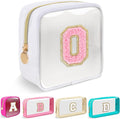 Mini Clear Personalized Initial Makeup Bag,Small Nylon Waterproof Zip Beach Cosmetic Pouch,Preppy A-Z Chenille Letter Patch Cute Coin Purse Travel Toiletry Bag Car Pack Bag for Women(White-Pink O)