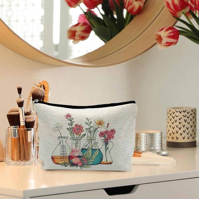 Science Teacher Gifts Makeup Bag - Floral Beakers Cosmetic Pouch