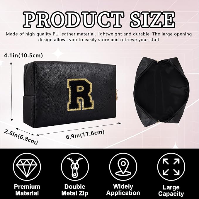 Iqimott Personalized Initial Letter Patch Makeup Bag Preppy Portable Chenille Letter Cosmetic Bag Zipper PU Leather Waterproof Travel Toiletry Bag Monogram Make Up Pouch Women Girls(Letter R)