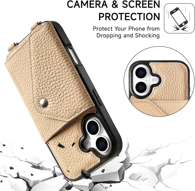 LUCKYCOIN Crossbody Wallet Phone Case for iPhone 17,100% Genuine Leather Wallet Phone Case with Expandable Flip Card Holder,Phone Purse for Women with Adjustable Removable Strap - Pebble Beige