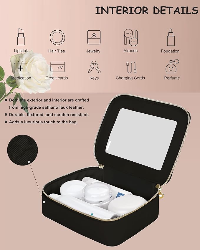 Leather Clear Makeup Bags Set - Travel Clear Cosmetic Bag Case with Zipper, Transparent TSA Approved Toiletry Bags for Travel Essentials Car Accessories for Women (Black, S+M)