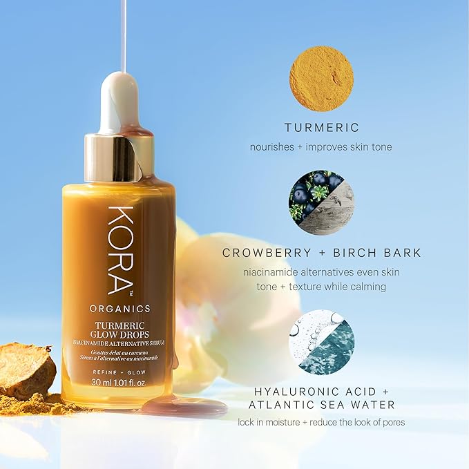 KORA Organics Turmeric Glow Drops, Certified Organic Radiance Face Serum with Niacinamide Alternative, Improves Texture & Pore Appearance, Vegan, 0.34 fl oz