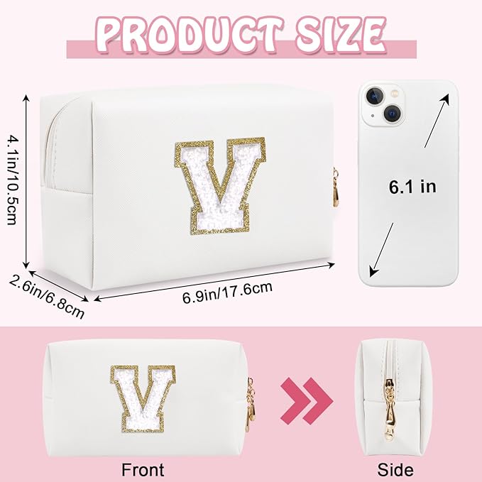 Personalized Initial Preppy Patch Makeup Bag, Travel Toiletry Zipper Pouch Cute White Cosmetic Organizer Small Makeup Bag for Purse, PU Chenill Letter Make Up Bags Gift for Friend Female(Letter V)