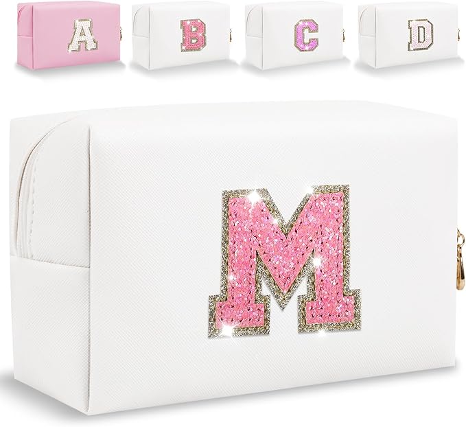 Glitter Initial Letter Makeup Bag, Small Personalized Sequins Letters PU Leather Cosmetic Bag Portable Waterproof Makeup Zipper Pouch, Shine Handbag Organizer Travel Bag Gifts for Women&Girls(White-M)