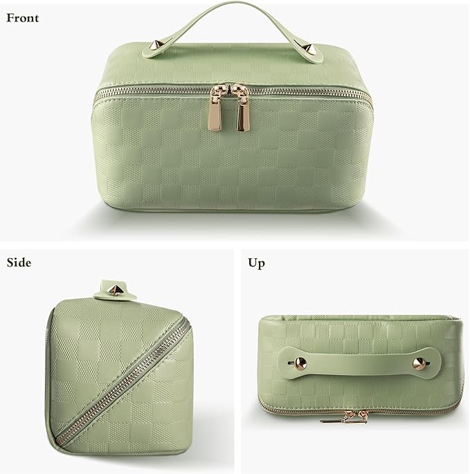 Abiudeng Travel Makeup Bag,Large Capacity Cosmetic Bags Toiletry Bag for Travel Essentials,Waterproof Portable Pouch Open Flat Makeup bag Organizer with Divider and Handle(Checkered-Green)
