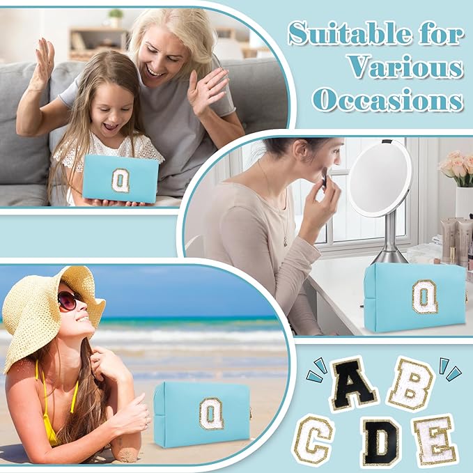 Small Personalized Initial A-Z Preppy Patch Makeup Bag,PU Chenille Letter Travel Cosmetic Pouch with Zipper,Blue Cute Toiletry Bag,Gift Ideal for Teen Girls Women Teacher Bridesmaid,Letter Q