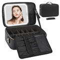 Relavel Makeup Train Case With LED Mirror, Professional Travel Cosmetic Bag with Removable Partitions, Compact Makeup Organizer with Separate Brush Board, Waterproof Travel Case for Women, Black