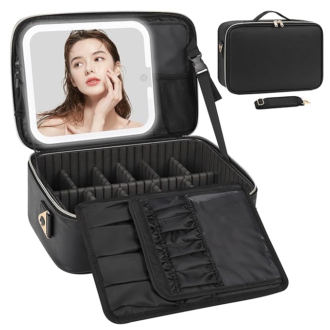 Relavel Makeup Train Case With LED Mirror, Professional Travel Cosmetic Bag with Removable Partitions, Compact Makeup Organizer with Separate Brush Board, Waterproof Travel Case for Women, Black