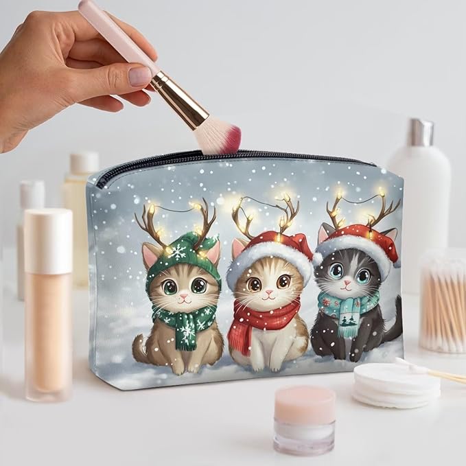 COEQINE Christmas Makeup Bag For Purses for Women Cute Cat Money Bags With Zipper Leather Cosmetic Bag For Purse Cute Soft Aesthetic Travel Toiletry Bag for Womens Birthday Gifts