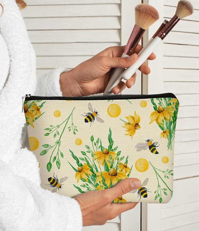 Bee Summer Cottagecore Yellow Flowers Daisy Makeup Bag Cosmetic Bag Zipper Travel Toiletry Bag, Best Gift Idea for Teen Girls Women,Birthday Christmas Gifts for Girls Women Daughter Sister