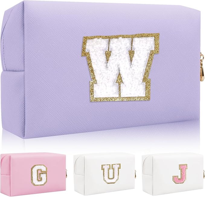 Iqimott Personalized Initial Letter Patch Makeup Bag, Preppy Small Chenille Letter Cosmetic Bag with Zipper, PU Leather Waterproof Travel Toiletry Bag Monogram Make Up Pouch for Women Girls(Letter W)