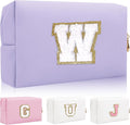 Iqimott Personalized Initial Letter Patch Makeup Bag, Preppy Small Chenille Letter Cosmetic Bag with Zipper, PU Leather Waterproof Travel Toiletry Bag Monogram Make Up Pouch for Women Girls(Letter W)