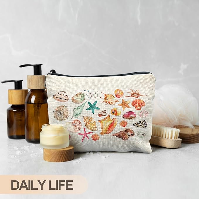 Coastal Beach Makeup Bag, Ocean Beach Themed Gifts Cosmetic Bags for Women, Gifts for Ocean Lovers, Colorful Seashell Starfish Beachy Zipper Makeup Pouch
