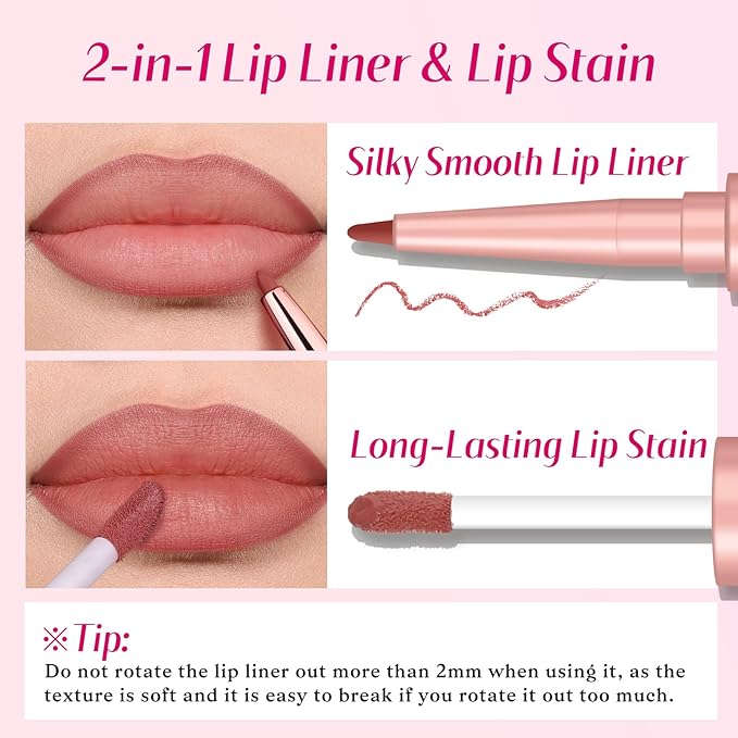 bayfree 2 PCS Lip Liner and Lip Stain Combo Set, High Pigmented Long Lasting Velvet Lip Tint, Well-Defined Lipliner, Weightless Waterproof Not Animal Tested, Matte Finish Makeup