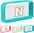 Personalized Initial Letter Clear Makeup Bag,Preppy Small Nylon&PVC Cosmetic Zipper Bag with Chenille Letter,Portable Beach Travel Skincare Toiletry Bag,Trendy Monogram Gift for Teen Girls Women,N