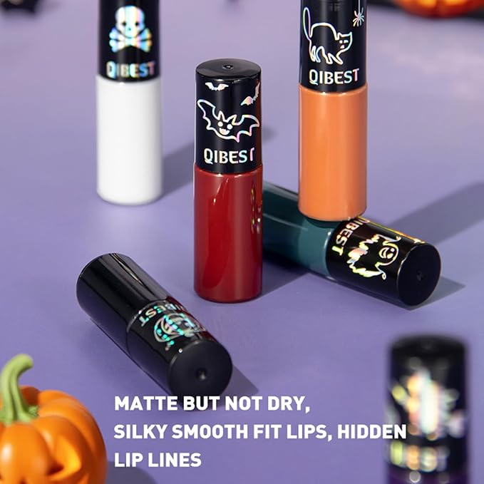 6pcs Matte Liquid Lipstick Makeup Set, Dark Black Green Purple Red Orange White Lip Gloss Kit With Case, Vivid Vampire Velvet Lip Stick for Halloween Cosplay Goth Costume Makeup
