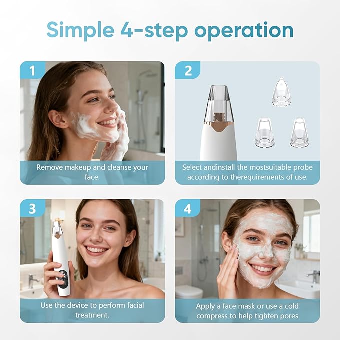 Facial Pore Blackhead Remover Vacuum - Facial Pore Cleaner with 3 Adjustable Suction Levels, 3 Probes, USB Charging Interface - Blackhead Extractor Tools for Women & Men (White)