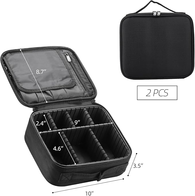 Tbestmax 2 Pack Travel Makeup Bag Cosmetic Train Case Organizer Portable Artist Storage Bag with Adjustable Dividers for Cosmetics Makeup Brushes Toiletry Jewelry Black