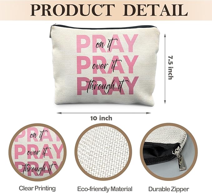 Pink Christian Makeup Bag, Pray On It Pray Over It Bible Verse Cosmetic Bags for Women, Trendy Girly Christian Makeup Pouch, Religious Gifts Zipper Pouch