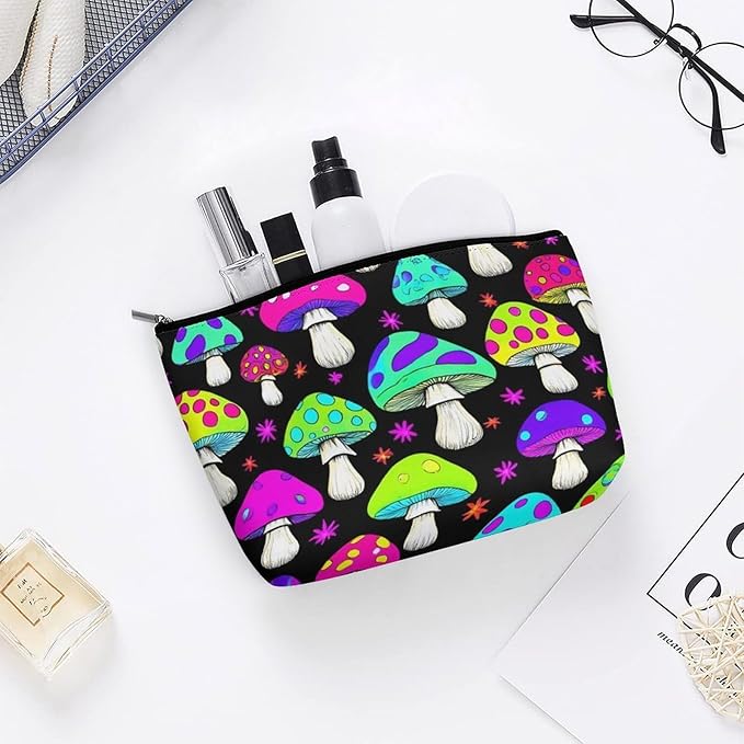 Fashion Zipper Cosmetic Case, Portable Makeup Case, Personality Toiletry Bag, Travel Cosmetic Toiletry Bag Trippy Magic Neon Mushrooms