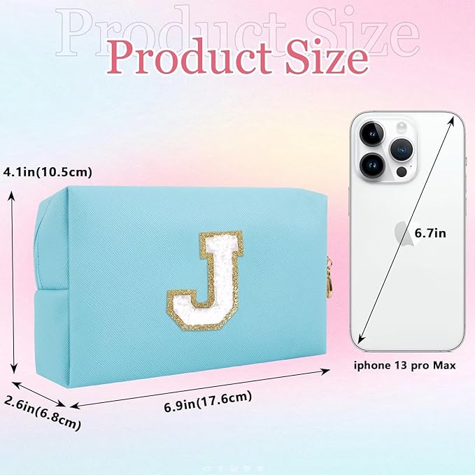 Small Personalized Letter Makeup Bag, Cute PU Leather Chenille Letters Cosmetic Bag Travel Makeup Pouch, Preppy Travel Organizer Zipper Pouch for Women&Girls（Blue-J）