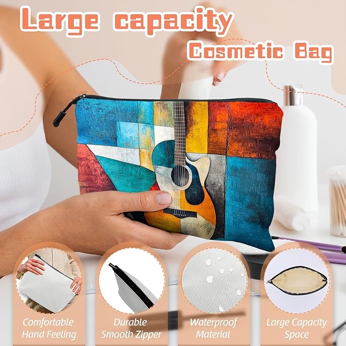 Cosmetic Bags Travel Makeup Toilet Case Waterproof Pouch for Women Girls 6.7X9.45inches - Abstract Guitar in A Multicolored Geometric Composition