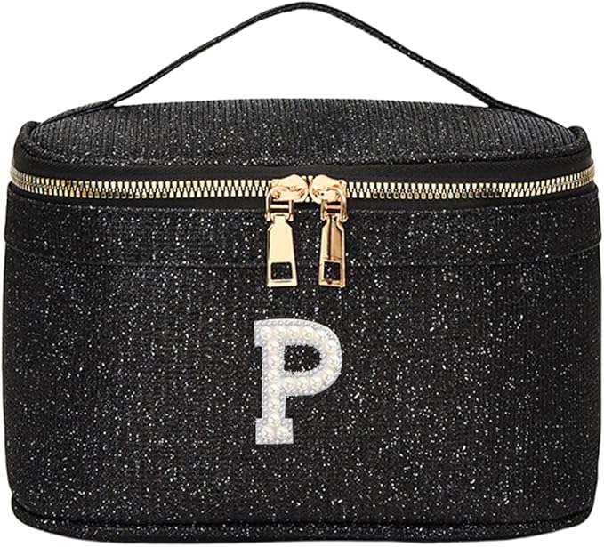 EURYNOME Makeup Bag with Custom Letter P, Water-Resistant Travel Organizer Pouch, (8.3x5.1x5.1 Inch) Cosmetic Case for Women